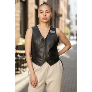 A&H Apparel Women's Black Leather Motorcycle Vest 2XL Flag Patch moto gun pocket